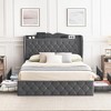 Queen Size Grey Velvet Bed Frame with 4 Convenient Storage Drawers, Wingback Headboard with Charging Station - 3 of 4