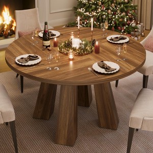 47" Round Dining Table for 4-6, Wood Kitchen Table with Sturdy Base, Farmhouse Circle Dinner Table for Dining Room, Living Room, 4 Strong Legs - 1 of 4