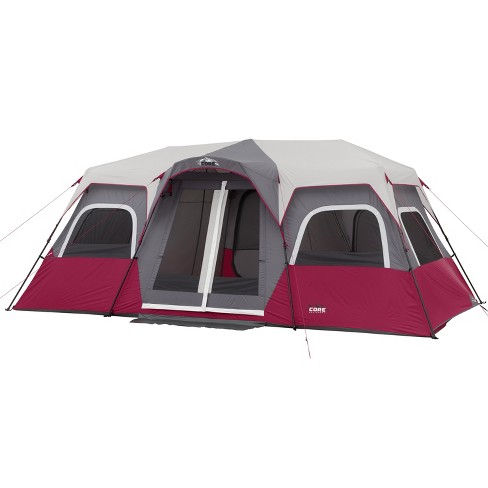 Core Equipment Family Sized 12 Person 18 x10 Double Door Instant Cabin Tent with Room Dividers and Storage Pockets Red Wine