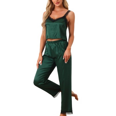 cheibear Women's Satin Lace Trim Cami with Long Pant 2 Pieces Pajama Set
