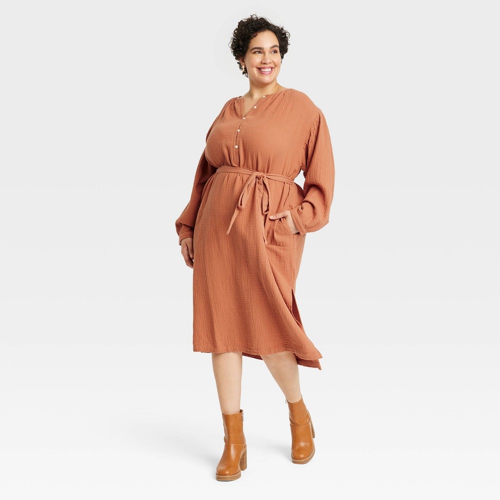 Women's Plus Size Balloon Long Sleeve Tie-Front Shirtdress - Universal Thread Rust 2X, Red