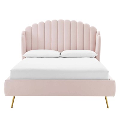 Elegant 70'' Pink Velvet Queen Wingback Platform Bed with Gold Legs
