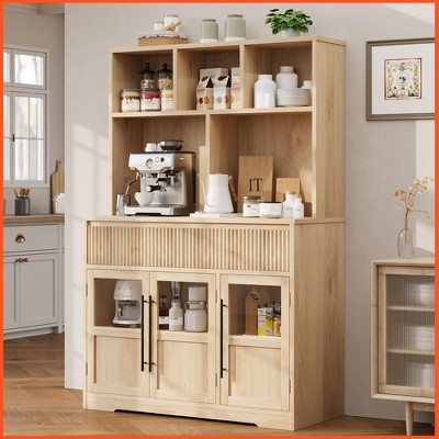 Homhougo 60'' Kitchen Pantry Cabinet, Tall Kitchen Pantry with Glass Doors, Kitchen Storage Cabinet with Drawers Coffee Bar Table Natural