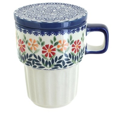 Blue Rose Polish Pottery Garden Bouquet Large Mug with Lid