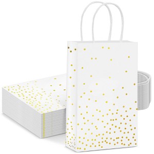 Sparkle and Bash 25 Pack Small Gift Bags with Handles - White Paper Bags with Gold Foil Polka Dots for Birthday, Wedding (5.5x3x9 In) - 1 of 4