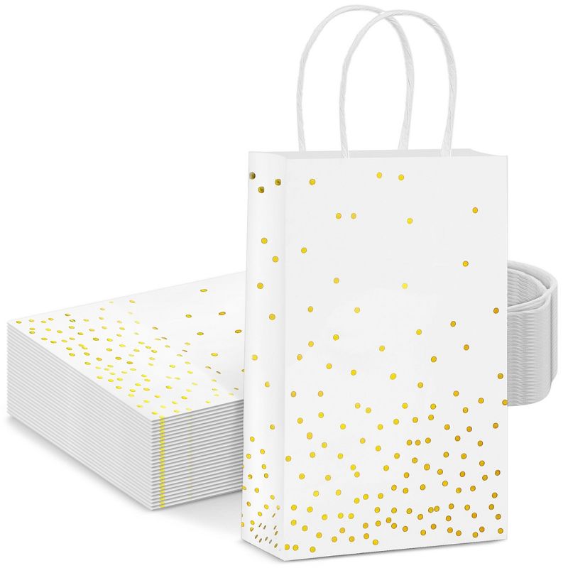 Sparkle and Bash 25 Pack Small Gift Bags with Handles - White Paper Bags with Gold Foil Polka Dots for Birthday, Wedding (5.5x3x9 In), 1 of 7