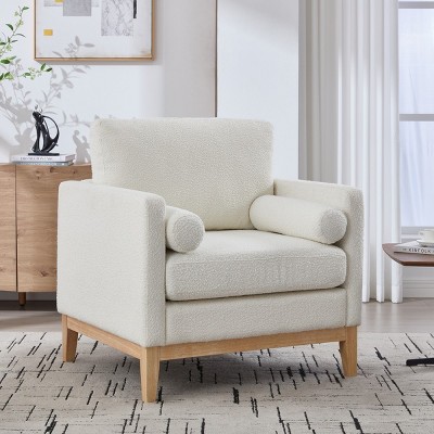 Modern Farmhouse Boucle Accent Chair,Wood Armchair with Natural Wood Legs and Two Bolster Pillows for Living Room Office-Coolbibila