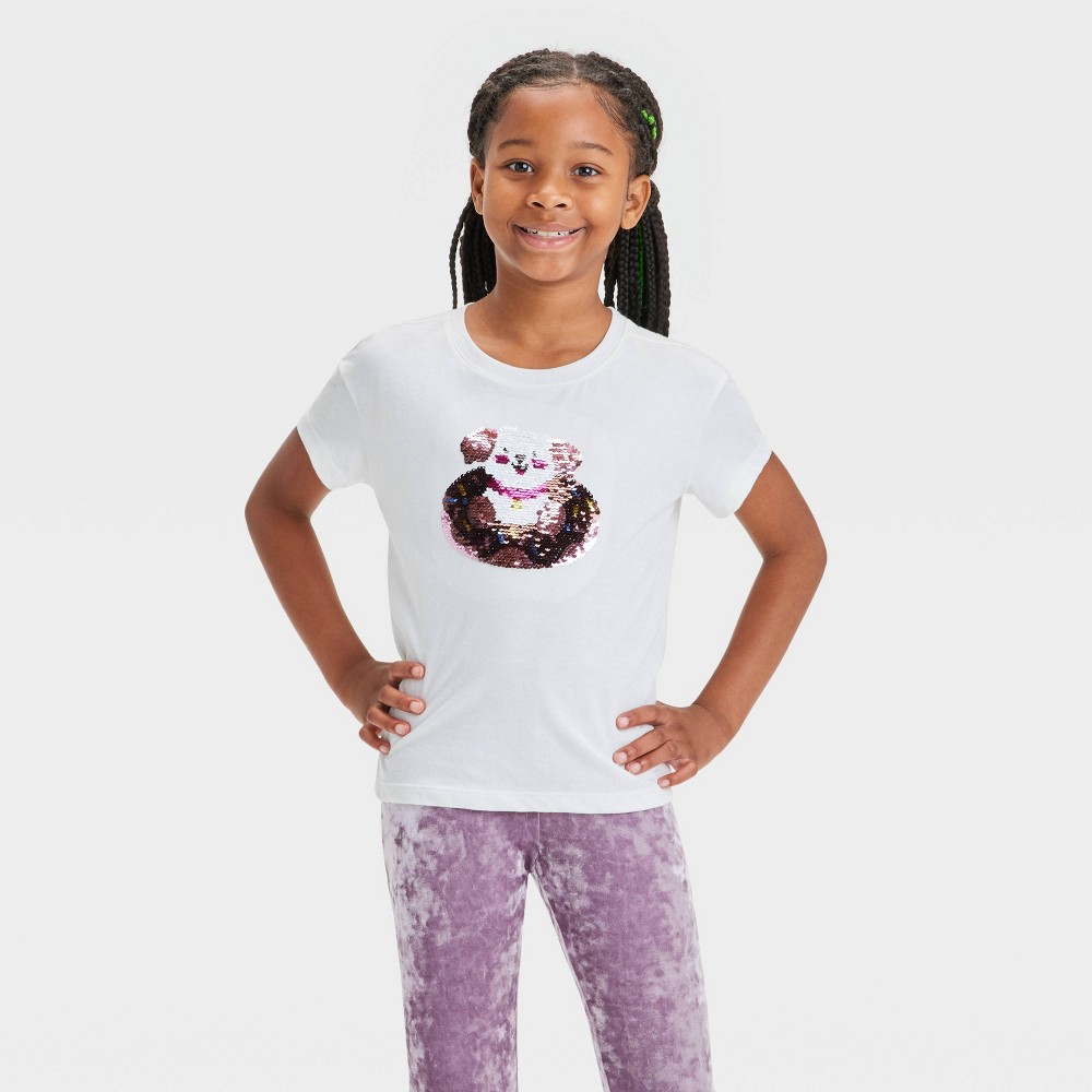 Girls' Short Sleeve Flip Sequin 'Puppy Doughnut' T-Shirt - Cat & Jack™ Cream L