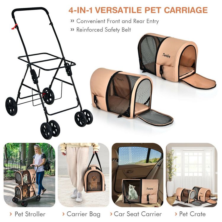 Black colored pet stroller frame with four wheels, alongside beige colored pet carriers labeled "PetsJoy" shown in various configurations including a carrier bag, car seat carrier, and pet crate.