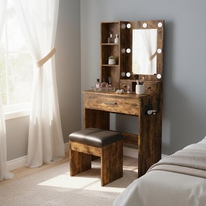 Homy Casa Vanity Table with Mirror and LED Lights, Power Outlet, Hairdryer Holder and Stool, Vintage - 1 of 4