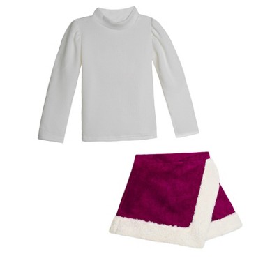 Ivory Ribbed Turtleneck Top and Berry Faux Suede Fur-Trimmed Skort Set Mia Belle Girls
