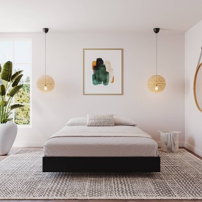 Modern Airy-Floating Full Double Bed Frame in Black Wood with Slats