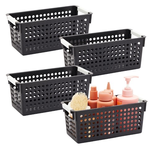 2 x White Plastic Storage Baskets with Handles Kitchen Bathroom Playroom Bedroom 