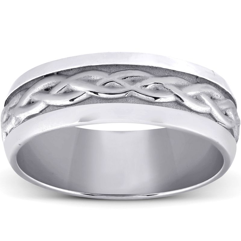 Pompeii3 Hand Braided Wedding Band 14K White Gold 7MM Comfort Fit Brushed Mens Ring, 1 of 4