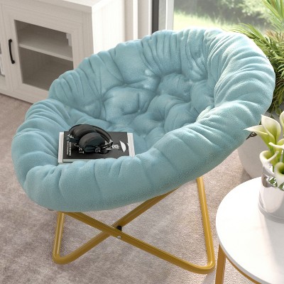 Dusty Aqua Faux Fur Oversized Folding Moon Chair with Gold Metal Frame