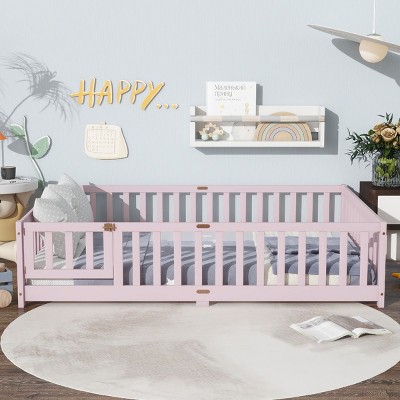 Full Size Wooden Floor Toddlers Bed with Fence and Door, Rubber Wood Montessori Platform Bed for Kids Room-Baofuwish