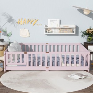 Full Size Wooden Floor Toddlers Bed with Fence and Door, Rubber Wood Montessori Platform Bed for Kids Room-Baofuwish - 1 of 4