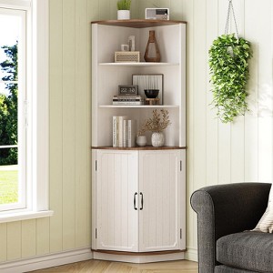 Tall Corner Storage Cabinet with Adjustable Shelves, Freestanding 5-Tier Hutch, Rustic White - 1 of 4