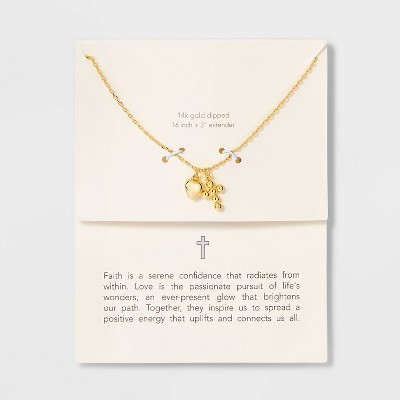 14K Gold Dipped Puff Heart & Cross Pendant Necklace - Gold: Brass, Lobster Claw Clasp, 16" with 3" Extender