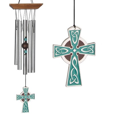 Teak Finish Pine and Silver Celtic Cross Wind Chime