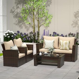 Heynemo 4 Piece Patio Furniture Sets, All-Weather Wicker Conversation Sets, Outdoor Rattan Sectional Sofa Chair with Coffee Table - 1 of 4