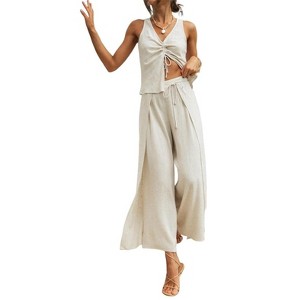 Women's Solid Color Drawstring Sleeveless Top & Wide Leg Slit Pants Two Piece Set - 1 of 4