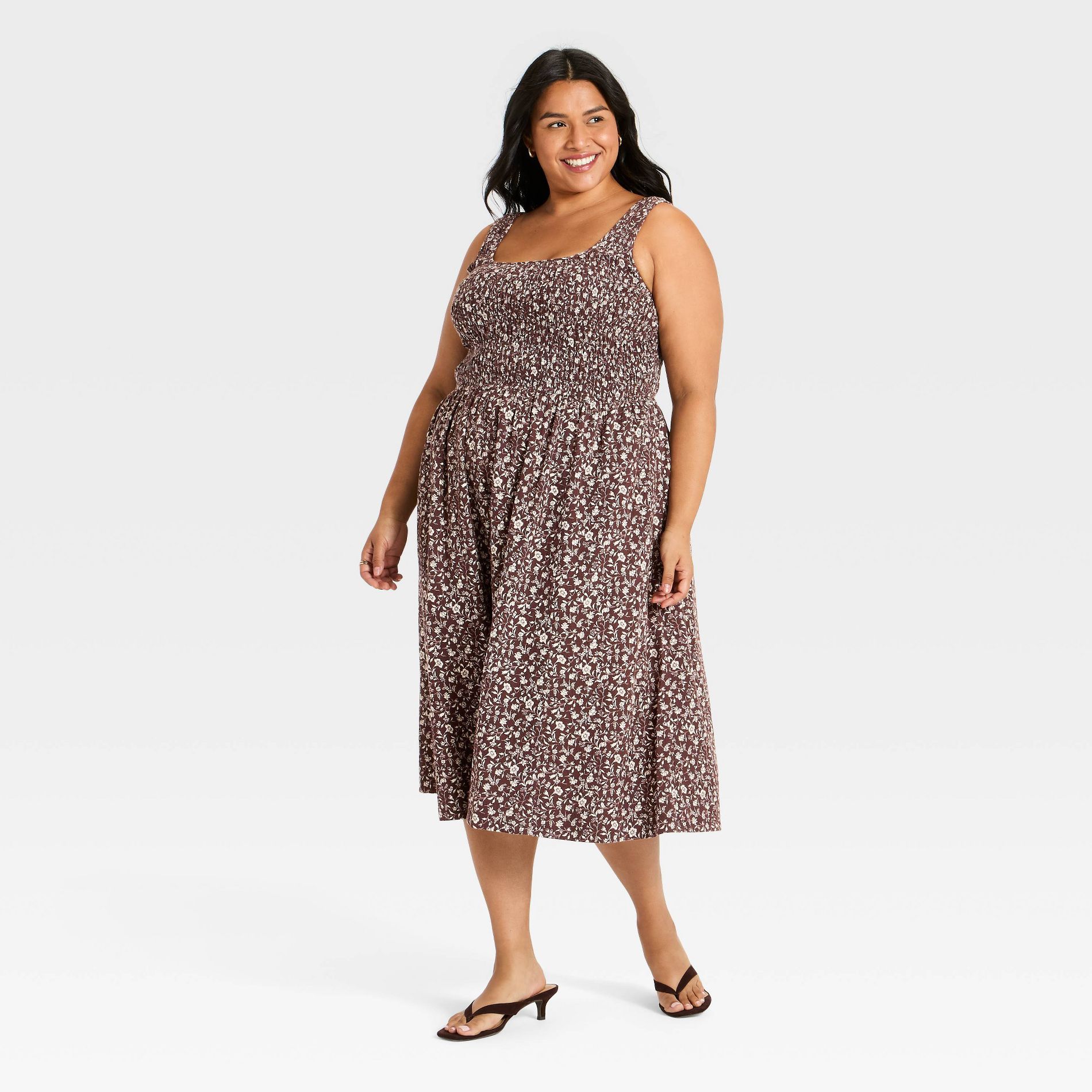 Women's Plus Smocked Floral Midi Tank Dress - Ava & Viv™ Brown