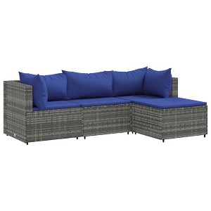 vidaXL Patio Lounge Set with Cushions Sectional Sofa Garden Backyard Poly Rattan - Gray and Blue 4 Piece - 1 of 4