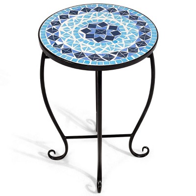 Blue Mosaic Round Glass Top Steel Accent Table