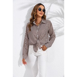 Women's Houndstooth Plaid Button-Down Shirt, Loose Fit Long Sleeve Collared Blouse for Casual & Office Wear - 1 of 4