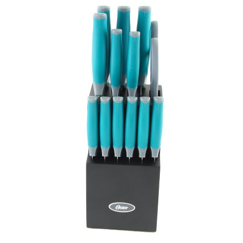 Oster Lindbergh 14 Piece Stainless Steel Cutlery Set in Teal with Wooden  Block