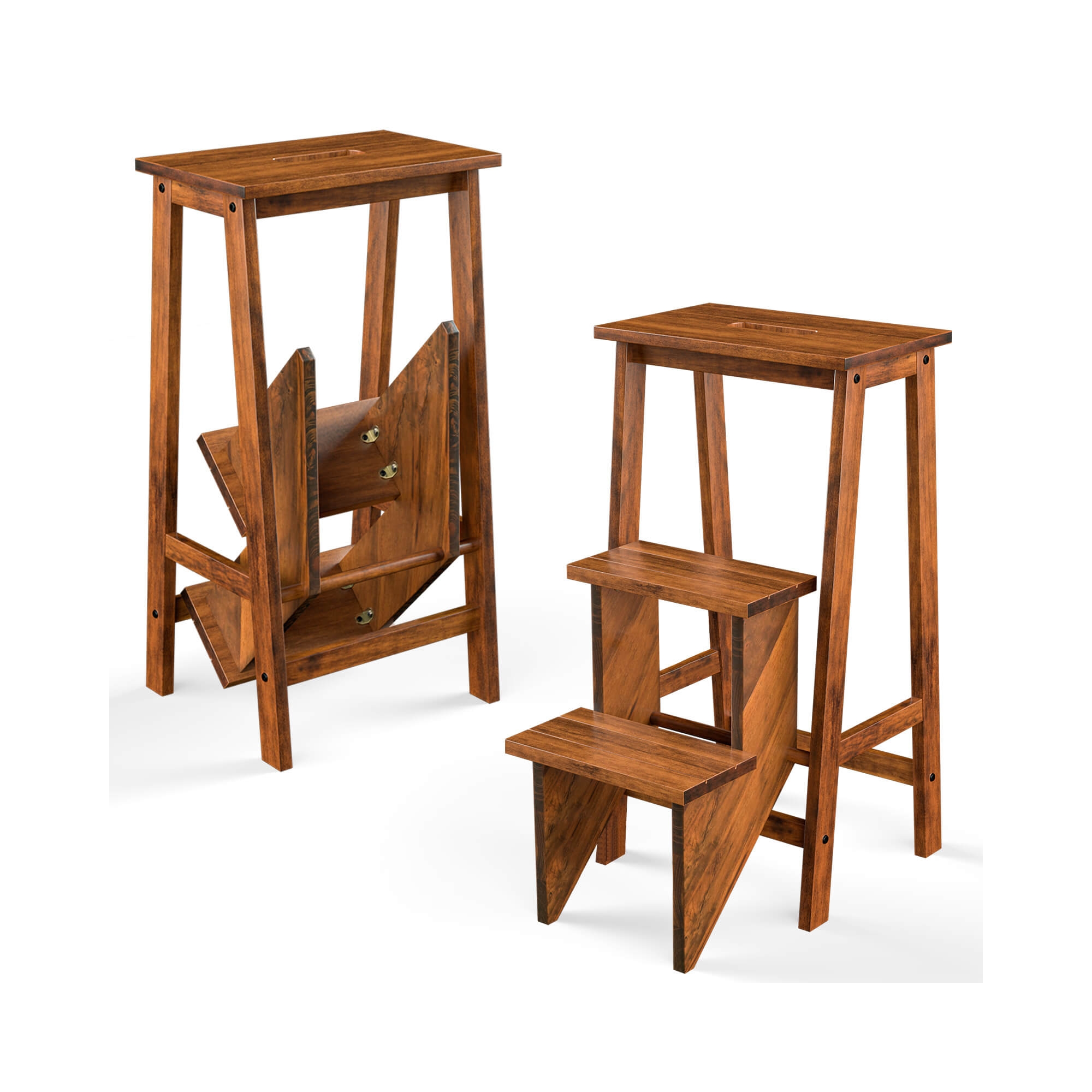 Costway 3-in-1 Rubber Wood Ladder 3 Tier Folding Step Stool Brown Coffee