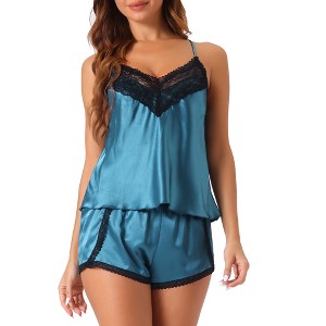 cheibear Women's Satin Lace Camisole Top and Shorts Pajama 2 Piece Sets - 1 of 4