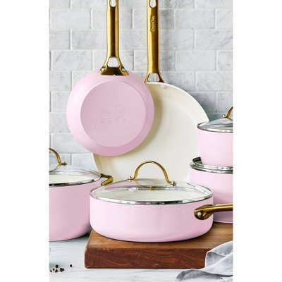 Blush Pink Ceramic Nonstick 10-Piece Cookware Set with Gold Handles