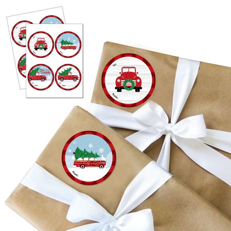 Big Dot of Happiness Merry Little Christmas Tree - Round Red Truck and Car Christmas Party To and From Gift Tags - Large Stickers - Set of 8, 1 of 8