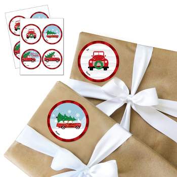 Big Dot of Happiness Merry Little Christmas Tree - Round Red Truck and Car Christmas Party To and From Gift Tags - Large Stickers - Set of 8