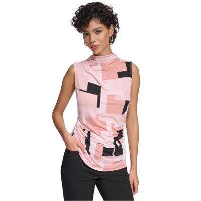 Calvin Klein Womens Geometric Mock Neck Halter Top Shirt, Pink, X-Large