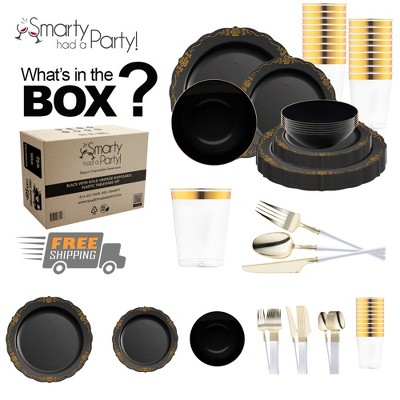 Smarty Had A Party Black w/ Gold Vintage Plastic Tableware Set - 60 Sets