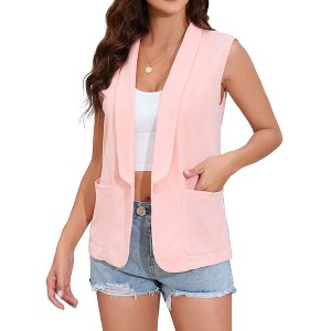 Sleeveless Blazer Vest For Women Open Front Casual Long Cardigan Singal Button Blazer Jacket With Pockets - 1 of 4