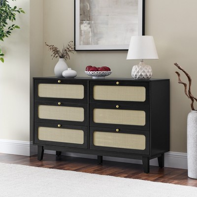 KTMBDW 6 Drawer Double Dresser for Bedroom, Rattan Chest of Dressers, Modern Wooden Dresser Chest with Handles for Living Room and Entryway