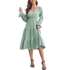 Women's Casual Wrap V Neck Midi Dress Long Sleeve Smocked Waist Tiered A Line Pleated Flowy Long Dress - 1 of 4