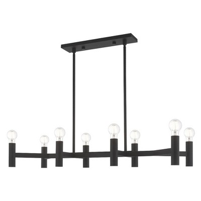 Black Steel 8-Light Linear Chandelier with Exposed Bulbs
