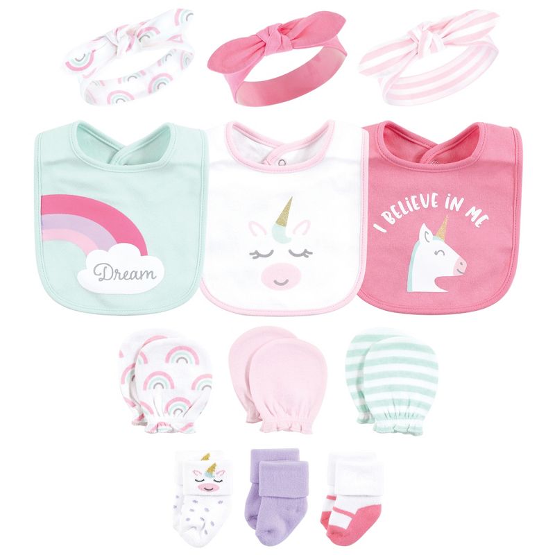 Hudson Baby Infant Girl Caps or Headbands, Bibs, Mittens and Socks 12pc Set, Unicorn, 0-6 Months, 1 of 6
