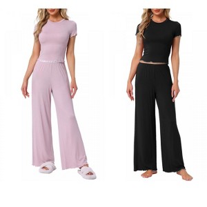 INSPIRE CHIC Women's 2 Pcs Knitted Short Sleeve Top Ruffled Long Wide Leg Pants Pajama Suits - 1 of 4