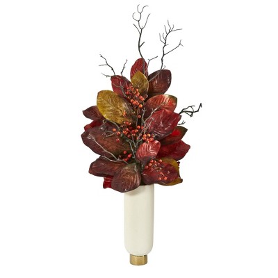 Nearly Natural 38-in Autumn Magnolia Leaf with Berries Artificial Plant in Cream Planter with Gold Base