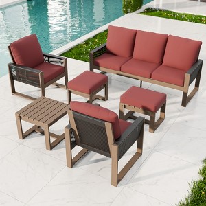 EAGLE PEAK 6 Pieces Natural Cedar Wood Conversation Set, Outdoor Patio Furniture with 2 Ottomans and Side Table - 1 of 4