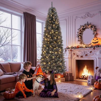 6/7.5ft Prelit Black Christmas Tree with Lights,Slim Artificial Pencil Christmas Tree Automatic Branches for Home,Office,Party Decoration