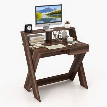 Tangkula Computer Desk Study Writing Table Small Space w/ Drawer & Monitor Stand