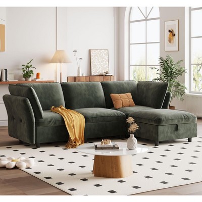 Modular Sectional Sofa, 97" L Shape 3 Seater Sofas with Ottoman and Pillows, Velvet Deep Seat Cloud Couch L-Shaped Sectional Couches for Living Room
