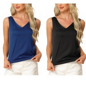 INSPIRE CHIC Women's 2 Pcs Tank Top Silky Satin Casual Basic V Neck Sleeveless Camisole - 1 of 4